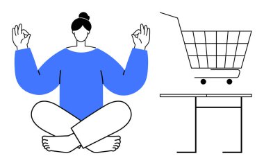 İnsan, alışveriş arabasının yanında sakin bir şekilde meditasyon yapar. Farkındalık, online alışveriş, denge, stres atma, tüketim gibi konular için idealdir. Temiz minimalist stil