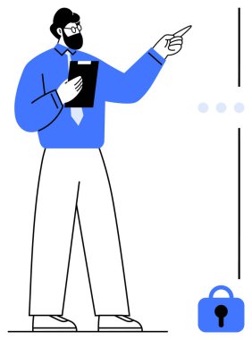 Mavi gömlekli sakallı bir adam bir kilit sembolünü işaret ediyor. İş sunumları için ideal siber güvenlik eğitim materyalleri dijital güvenlik bilişim eğitimi. Asgari