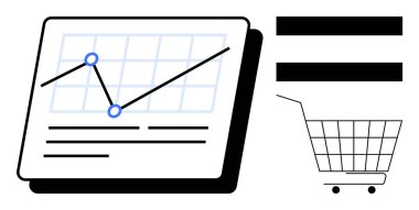 Satış eğilimlerini gösteren veri göstergeleriyle grafikler. Alışveriş arabası ikonu ekomünikasyon temasını temsil ediyor. İş analizi, satış tahmini, ecommerce, pazarlama stratejileri ve finans için ideal