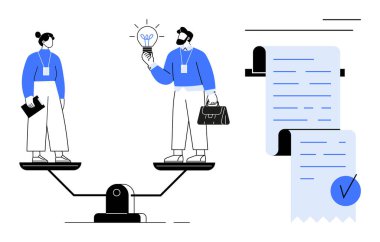 Denge ölçeğinde iki kişi fikir alışverişinde bulunuyor ve belgeleri tutuyor. Takım çalışması, denge, fikir paylaşımı, profesyonel karşılaştırma ve belge doğrulama konuları için idealdir. Modern minimalist stil