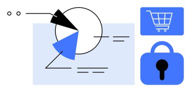 Daire çizelgesi, veri noktaları, alışveriş arabası ve kilit sembolü. İş analizleri, veri güvenliği, online alışveriş, teknoloji ve piyasa araştırmaları için ideal. Temiz, modern vektör biçimi