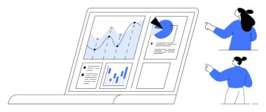 Çizelge ve grafikleri gösteren bir dizüstü bilgisayar ekranı iki kişi tarafından görüntülenir. Veri analizi, iş sunumları, takım çalışması, dijital pazarlama ve istatistiksel raporlama için ideal. Basit satır sanatı