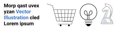 Alışveriş arabasının ampulü ve satranç şövalyesi Morp qast uvex yzan ve lorem ipsum. E-ticaret pazarlama, yenilikçi iş stratejisi ve vektör illüstrasyonu için ideal. İniş sayfası