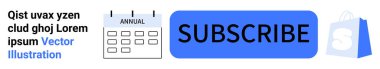 Mavi abone tuşu, yıllık takvim simgesi ve alışveriş çantası sembolü. Başrolde yer tutucu metin. Üyelik başvuruları için ideal, tekrarlanan ödemeler, e-ticaret terfileri, çevrimiçi dükkanlar, dijital
