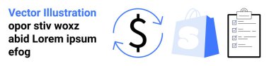 Mavi Metin Vektör İllüstrasyonu. Yuvarlak oklu mavi dolar işareti. S sembollü mavi beyaz bir alışveriş çantası. Siyah beyaz kontrol listesi. Finansal işlemler, ecommerce, alışveriş için ideal
