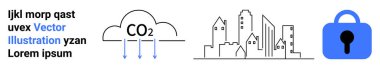 Üç element. Karbondioksitli bulut, şehir silüeti, mavi asma kilit. Çevresel etki, kentsel planlama, veri güvenliği, iklim değişikliği, teknoloji için idealdir. İniş sayfası