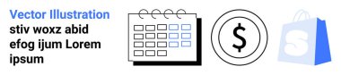 Şebekeli bir takvim, daire şeklinde bir dolar işareti ve mavi-siyah yer tutucu metni olan bir alışveriş çantası. Programlama, finans, e-ticaret, pazarlama ve iş için ideal. İniş sayfası