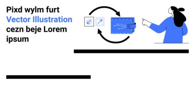 Bir insan, mavi kart ve dijital sembollerin etrafındaki oklarla gösterilen iki senkronize elemanı işaret eder. Web geliştirme, veri yönetimi, dijital dönüşüm, iş çözümleri için ideal