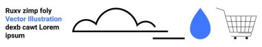 Araba ve su damlası bulut ve metin yanında çizgi çizme tarzıyla belirir. E-ticaret, çevre bilinci, dijital pazarlama, web tasarımı ve markalaşma için ideal. İniş sayfası
