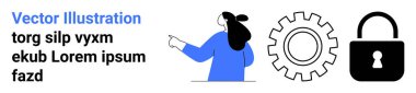 Kadın işaret ediyor, dişli ve kilit sembolü. Güvenlik, teknoloji, gizlilik siber güvenlik ve kullanıcı arayüzü temaları için ideal. İniş sayfası