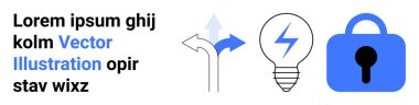 Üç ok yön seçimlerini, yıldırımlı bir ampul yenilikleri ve mavi asma kilit de güvenliği temsil eder. Teknoloji, karar verme ve yenilik için ideal.