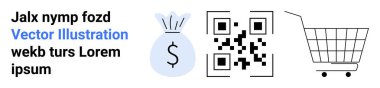 Dolar sembollü bir para çantası, bir QR kodu ve bir alışveriş arabası. Mobil ödemeler, e-ticaret, online alışveriş, dijital finans ve QR kod teknolojisi için ideal. İniş sayfası