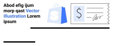 Üzerinde dolar işareti olan mavi bir alışveriş çantası ve beyaz arka planda el yazısıyla imzalı bir makbuz. E-ticaret, online alışveriş, perakende satış ve iş hizmetleri için ideal. İniş sayfası