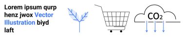 Mavi bir ağaç, alışveriş arabası ve oklu karbondioksit bulutu gösteriyor. Ekoloji, sürdürülebilirlik, çevresel etki, karbon ayak izi ve e-ticaret için ideal. İniş sayfası