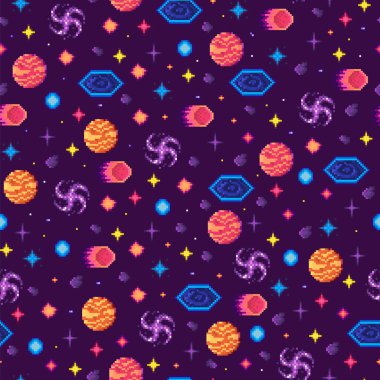 Gezegenleri, göktaşlarını ve galaksileri koyu mor arka planda gösteren canlı ve renkli bir uzay temalı desen. Çocuk ürünleri için ideal eğitim materyalleri - bilim kurgu temaları canlı