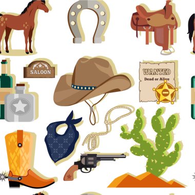 Kovboy şapkası, bot, tabanca, kaktüs, eyer, at nalı, bandana ve diğer batı eşyaları. Batı temaları, kovboy festivalleri, rodeo etkinlikleri, ülke yadigarları, klasik tabelası ve Amerikan tabelası için ideal