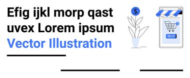 Kalın yazılar, bir dolar işareti ve alışveriş arabası olan bir cep telefonu ve satın alma düğmesi. E-ticaret, online alışveriş, dijital pazarlama, mobil uygulama ve satış promosyonları için ideal. Pankart