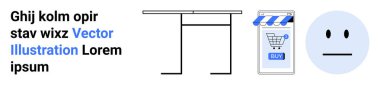 Basit bir tasarım, karikatürsel bir yüz, bir masa ve alışveriş arabası ikonu olan bir cep telefonu. E-ticaret, çevrimiçi alışveriş, web tasarımı, dijital pazarlama ve kullanıcı deneyimi temaları için ideal