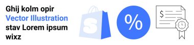 Alışveriş çantası, indirim sembolü ve sertifika taslağı. E-ticaret, satış promosyonları, indirimler, çevrimiçi işlemler ve müşteri ödülleri için ideal. İniş sayfası