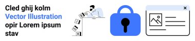 Beyaz gömlekli adam, mavi bir kilit ve web sayfası ikonunun bitişiğindeki heceleme riskini engelliyor. Güvenlik, risk yönetimi, web tasarımı, siber güvenlik, veri koruması için ideal. İniş afişi