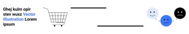 Beyaz arka planda mutlu, tarafsız ve üzgün yüzlerin yanında alışveriş arabası. Çevrimiçi alışveriş, kullanıcı geribildirimi, müşteri memnuniyeti, e-ticaret ve dijital pazarlama için ideal. Pankart