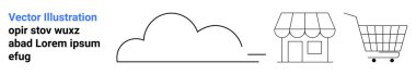 Siyah ve beyaz minimalist vektör bir bulut, mağaza önü ve alışveriş arabası gösteriyor. E-ticaret, bulut bilgisayarı, çevrimiçi perakende, alışveriş hizmetleri ve internet teknolojisi için ideal. İniş afişi