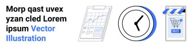 Çizelgeler ve grafik panosu, zaman yönetimini sembolize eden saat ve Buy düğmesi olan online alışveriş simgesi. E-ticaret, iş analizleri, zaman yönetimi, çevrimiçi perakende, pazarlama için ideal. Pankart