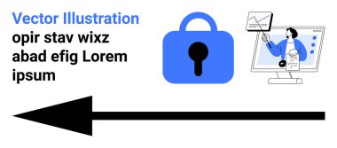 Mavi kilit simgesi veri güvenliğini sembolize ediyor. Dosyalarla ve belgelerle çalışan kişi veri analizini temsil ediyor. Siber güvenlik, veri koruması, bilgi güvenliği, analitik için ideal