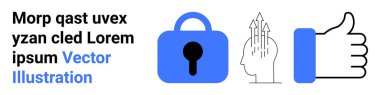 Simge kilitle, ok ile baş ve baş parmak yukarı. Siber güvenlik, kişisel gelişim, dijital onay, teknoloji ve çevrimiçi güvenlik temaları için ideal. İniş sayfası için pankart