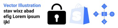 Black padlock, blue shopping bag with S, and blue network icons with sample text. Ideal for online security, e-commerce, digital branding, web design, and software development themes. Landing page clipart