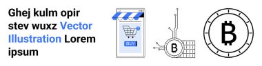 Üzerinde alışveriş arabası sembolü olan akıllı telefon ve Bitcoin sembolleri ile tamamlanmış satın alma düğmesi dijital ödemeleri ve çevrimiçi işlemleri simgeliyor. Finans, teknoloji, e-ticaret, engelleme zinciri için ideal