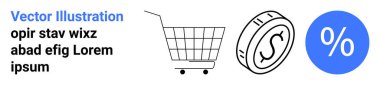 Bir alışveriş arabası, bir dolar madeni para ve e-ticaret siteleri, çevrimiçi alışveriş platformları, indirimli promosyonlar, perakende pazarlama ve iniş için finansal tasarruf bankeri için ideal tabela gösteriyor
