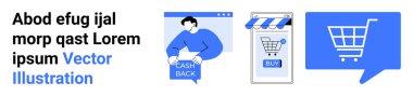 Nakit arkası işareti olan bir kişinin mavi temalı görüntüleri, satın alma düğmeli bir online mağaza önü, ve bir alışveriş arabası ikonu. Çevrimiçi alışveriş, e-ticaret, dijital pazarlama, mobil alışveriş için ideal