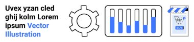 Dişli sembolü, çubuk grafiği ve yer tutucu metni kalın olan çevrimiçi mağaza simgesi. Teknoloji, analitik, ticaret, iş sunumları ve web tasarımı için ideal. İniş sayfası için pankart