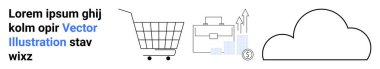 Alışveriş arabası, içinde büyüme çizelgesi ve şehir manzarası olan çanta, bulut sembolü, yer tutucu metin. E-ticaret, dijital pazarlama, iş büyümesi, bulut hesaplaması, teknolojik çözümler için ideal. Pankart