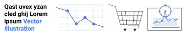 Azalan bir çizelge, bir alışveriş arabası ve bir satış tablosu iş analizlerini, e-ticaret performansını ve piyasa eğilimlerini gösteriyor. İş, finans, e-ticaret, veri analizi için ideal