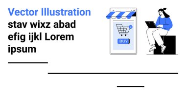 Bir kadın, internetteki alışveriş arabasını gösteren mobil bir cihazın yanında dizüstü bilgisayar kullanarak bir kutunun üzerinde oturuyor. E-ticaret, mobil alışveriş, çevrimiçi perakende satış, teknoloji ve dijital pazarlama için ideal. Pankart