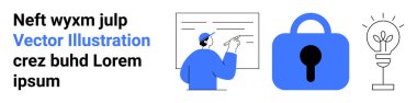 Tahtaya çizim yapan bir kişinin diyagramı, mavi bir asma kilit simgesi ve bir ampul sembolü. Teknoloji, güvenlik, yaratıcılık, veri koruması ve yenilik konuları için idealdir. İniş sayfası için pankart