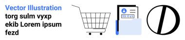 Alışveriş arabası, kalemli bir hesap profil belgesi ve çapraz hatta bölünmüş bir daire. E-ticaret için ideal, dijital profiller, hesap yönetimi, online alışveriş, web sitesi tasarımı. Pankart