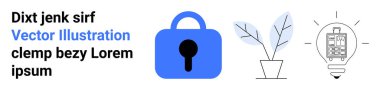 Mavi bir asma kilit, saksı bitkisi ve içinde dijital arayüz olan bir ampul. Teknoloji, güvenlik, yenilik, web tasarımı ve yaratıcı kavramlar için idealdir. İniş sayfası için pankart