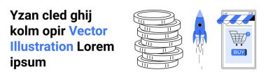 Bir yığın bozuk para, fırlatma roketi ve pankarta alışveriş arabası konmuş gezici bir ekran. Çevrimiçi perakende satış, e-ticaret stratejileri, mali yatırım, iş büyümesi, teknoloji yeniliği için ideal