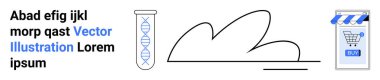 Test tüpünde DNA sarmalları, soyut çizgiler, ve bir alışveriş arabası ikonu görülebilir. Bilim, e-ticaret, teknoloji, eğitim ve sağlık için ideal. İniş sayfası için pankart