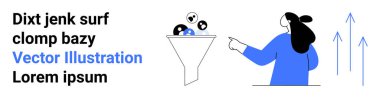 A person points at a funnel filled with various icons symbolizing data analysis. Three upward arrows indicate growth and success. Ideal for data analytics, business growth, marketing strategies clipart