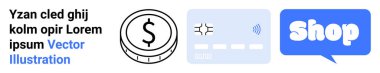 Dolar sembollü sikke, kredi kartı ve metin ile dükkan imzalı konuşma balonu. E-ticaret, online alışveriş, dijital ödemeler, finansal işlemler, iş siteleri için ideal. İniş afişi