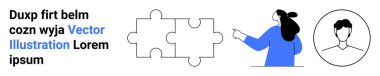 Profil portresi ve yer tutucu metnin yanındaki bulmaca parçalarını gösteren kadın. Takım çalışması, problem çözme, işbirliği, kullanıcı profilleri ve eğitim içeriği için ideal. İniş sayfası için pankart