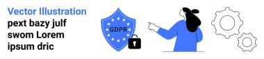 Yıldızlı GDPR etiketli kalkan, veri için ideal dişlilere, özel GDPR uyumuna siber güvenliğe çevrimiçi dijital güvenliğe uyum eğitimi ve farkındalık Banner 'ına kilitlenmiş bir kişi.