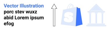 Yukarı doğru ok, bir alışveriş torbası ve finans kurumu binasının yanında büyümeyi de simgeler. İş, finans, e-ticaret, online alışveriş, ekonomik büyüme için ideal. İniş sayfası
