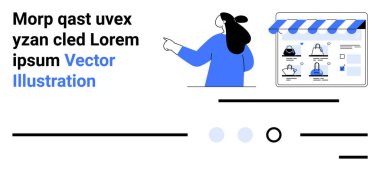 Bir bilgisayar ekranını işaret eden kadın, e-ticaret çevrimiçi alışveriş müşteri etkileşimi dijital pazarlama ve iniş sayfası için ürün ekranı Banner gibi temalar için ideal bir arayüze sahiptir.