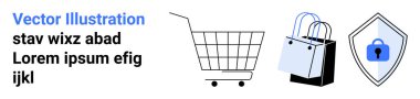 Alışveriş arabasıyla birlikte alışveriş poşetleri ve kilit sembollü bir güvenlik kalkanı. Çevrimiçi alışveriş e-ticaret, güvenli ödeme perakendecisi ve siber güvenlik gibi konular için ideal. İniş sayfası için pankart
