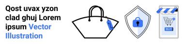 Fiyat etiketli el çantası, asma kilitli güvenlik kalkanı, akıllı telefondaki alışveriş arabası sembolü. E-ticaret, online alışveriş, siber güvenlik, perakende satış, dijital pazarlama için ideal. İniş sayfası için pankart